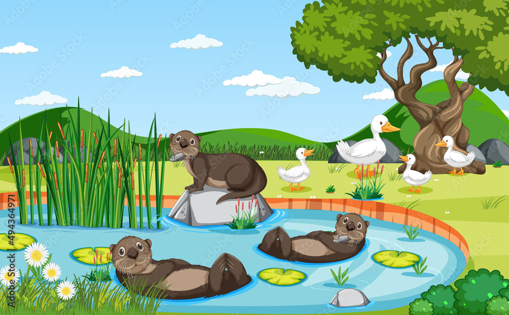 Pond in the forest background with otters and ducks