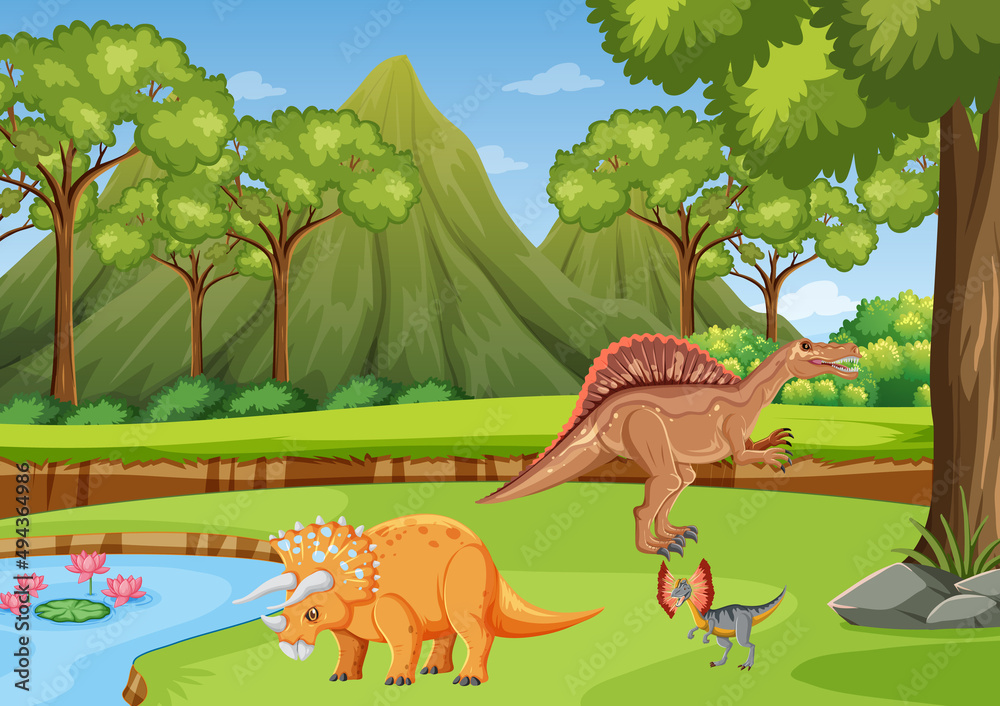 Scene with dinosaurs in the forest