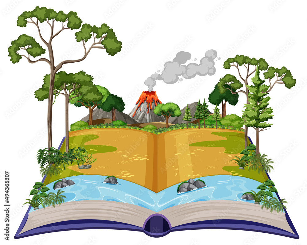 Book with scene of volcano erupting