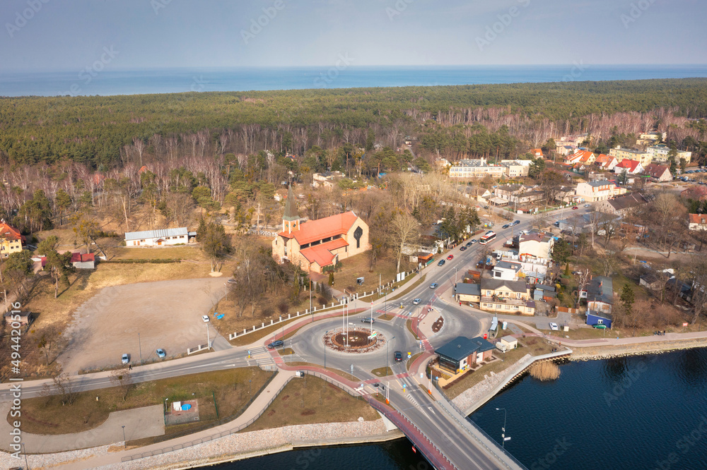 Aerial scenery of the Martwa Wisła river and Sobieszewo Island by the Baltic Sea in Gdansk. Poland