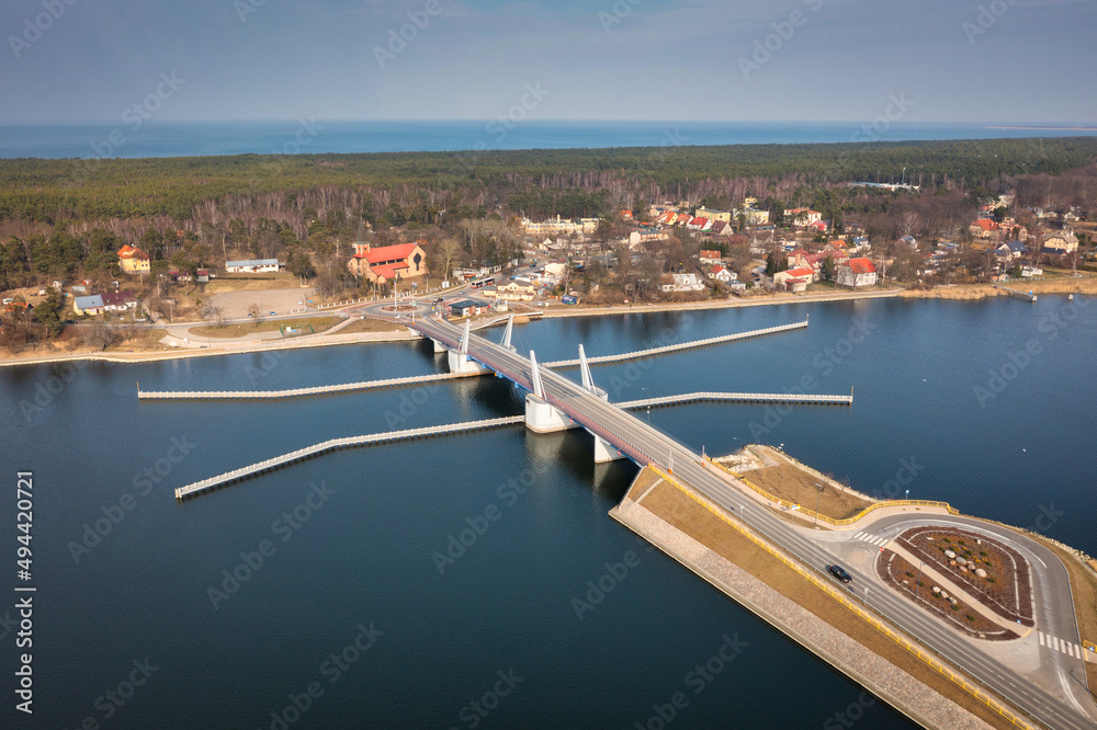 Aerial scenery of the Martwa Wisła river and Sobieszewo Island by the Baltic Sea in Gdansk. Poland