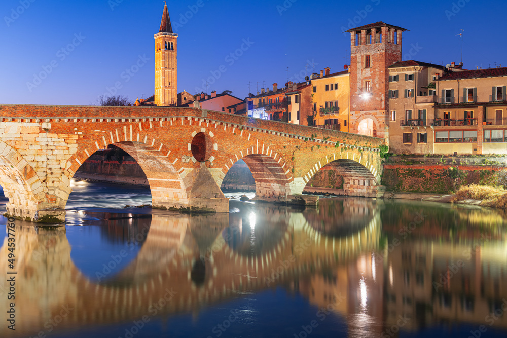 Verona, Italy Town Skyline on the Adige River with Ponte Pietra