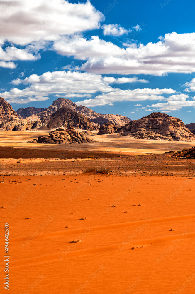 Extraordinary mountain desert landscape, Wadi Rum Protected Area, Jordan.