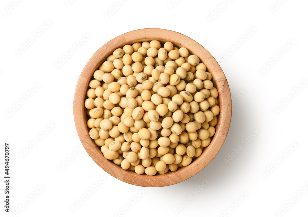 Flat lay  of Soybeans in wooden bowl isolated on white background. Clipping path.