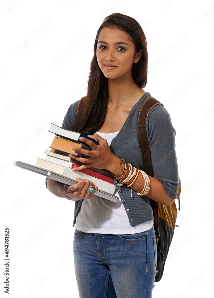 Ready for the new semester. A young ethnic woman with a laptop and a pile of books.