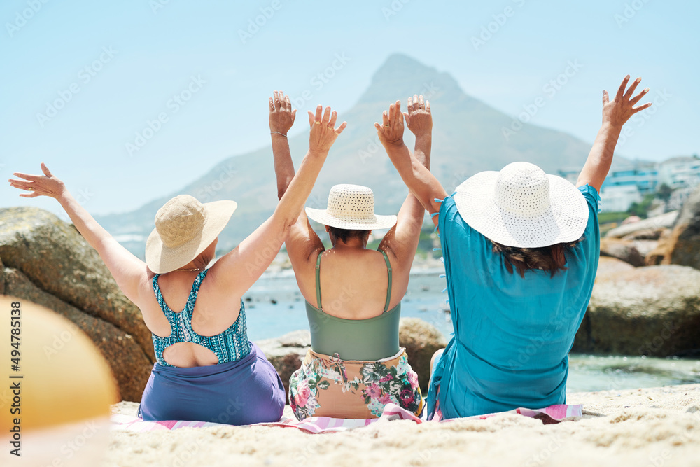 Youre never too old to wear that swimsuit. Shot of an unrecognizable group of friends sitting togeth