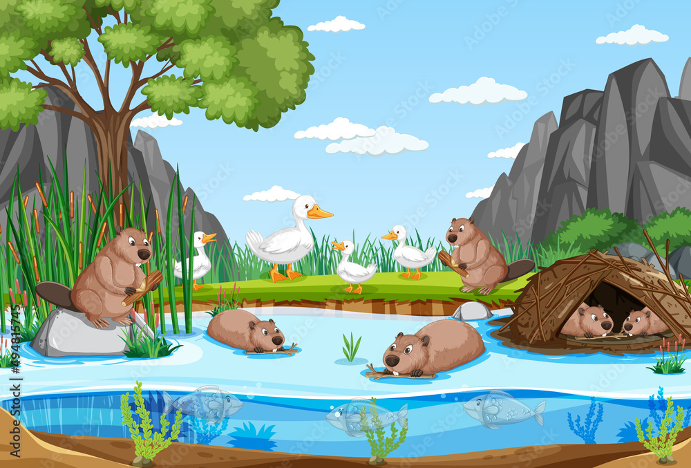 River in the forest with wild animals