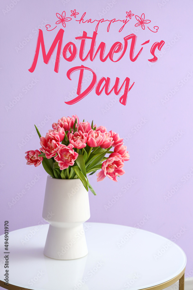 Greeting card for Mothers Day with vase of beautiful tulips