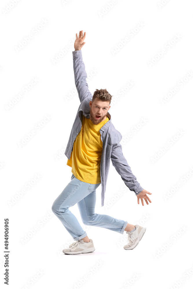 Cool dancing young man isolated on white