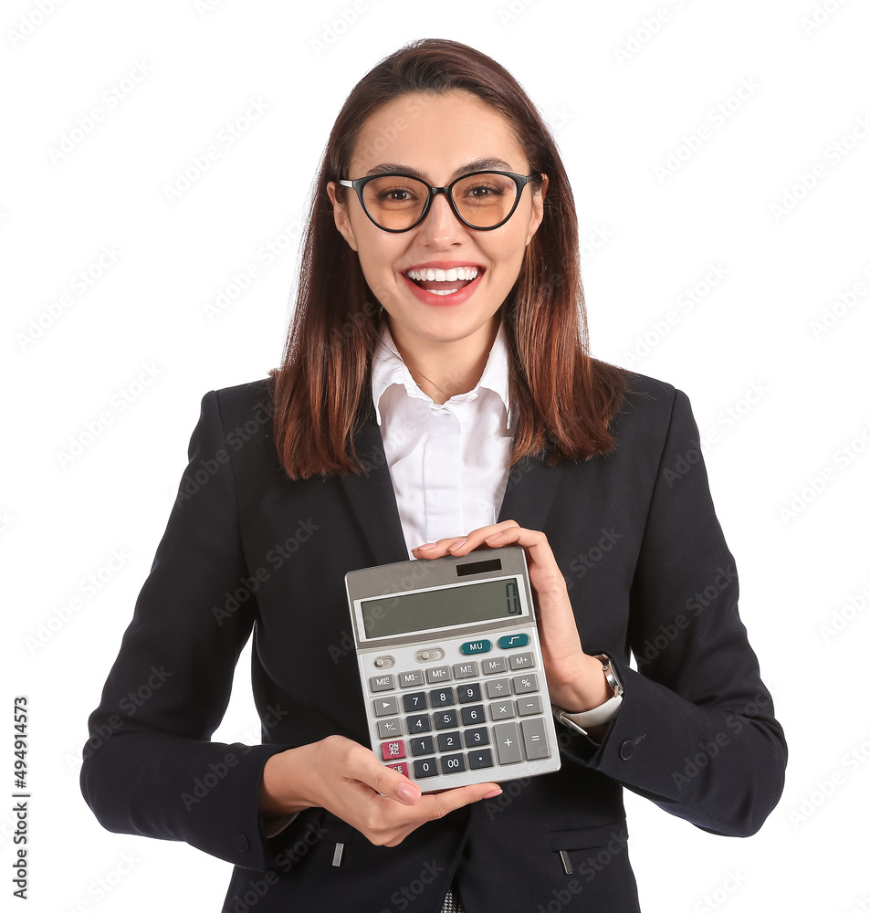 Pretty businesswoman with calculator on white background