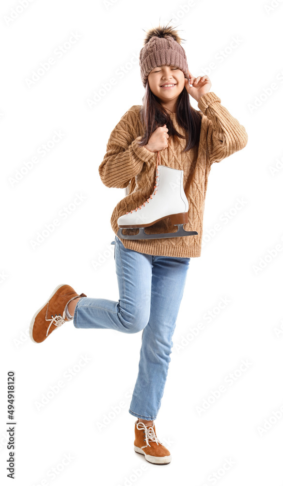 Little Asian girl in warm clothes with ice skates on white background