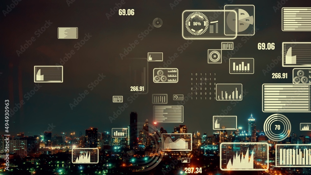 Business data analytic interface fly over smart city showing alteration future of business intellige