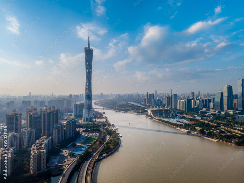 航拍广州城市建筑景观天际线