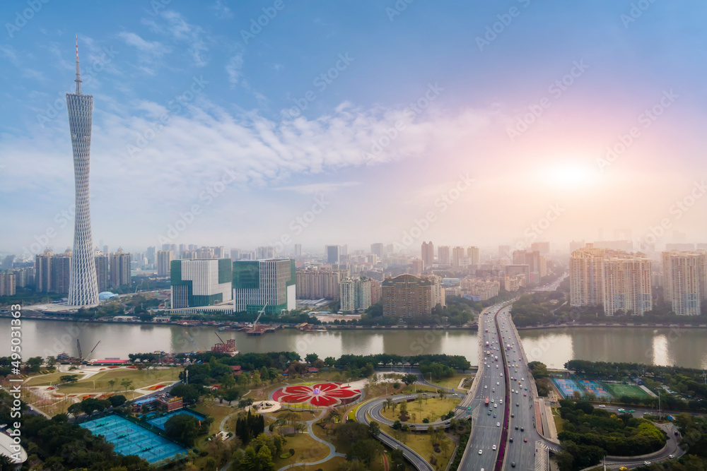 航拍广州城市建筑景观天际线