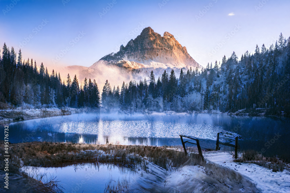 Beautiful winter scenery landscape and snow frosted mountain background in dolomites mountain during