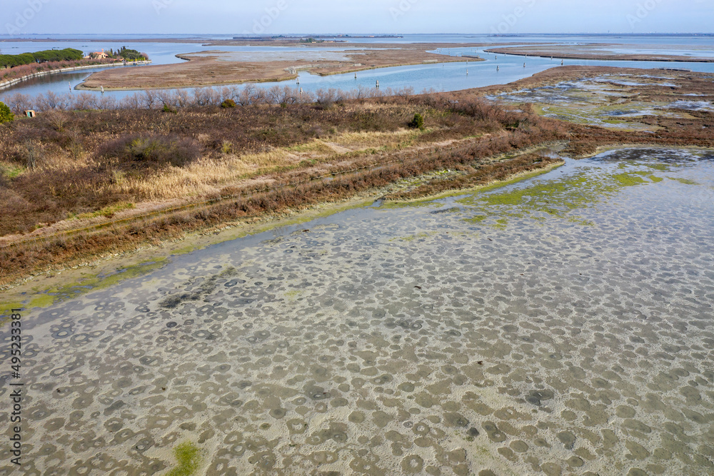 托切洛岛的浅水海岸，有泥滩和盐沼。意大利威尼斯泻湖