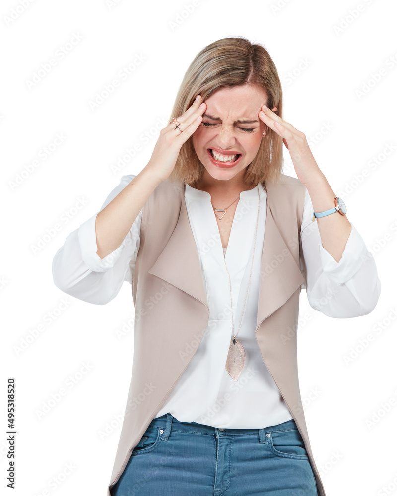 Somebody bring me the painkillers. Studio shot of a young woman suffering from a headache against a 