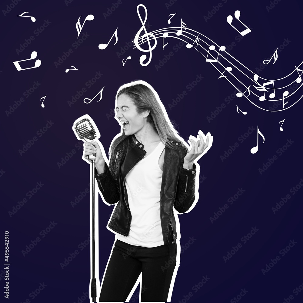 Young girl, hipster, performing, singing . Sing concert. Concept of music lifestyle. Contemporary ar