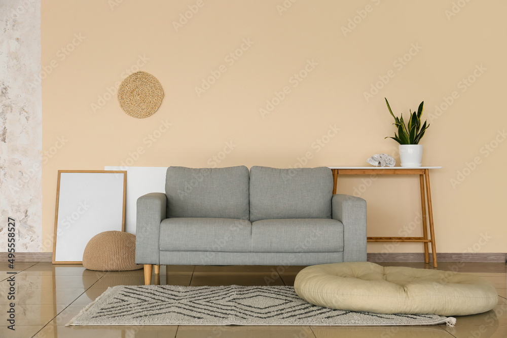 Interior of modern living room with stylish sofa and photo frame