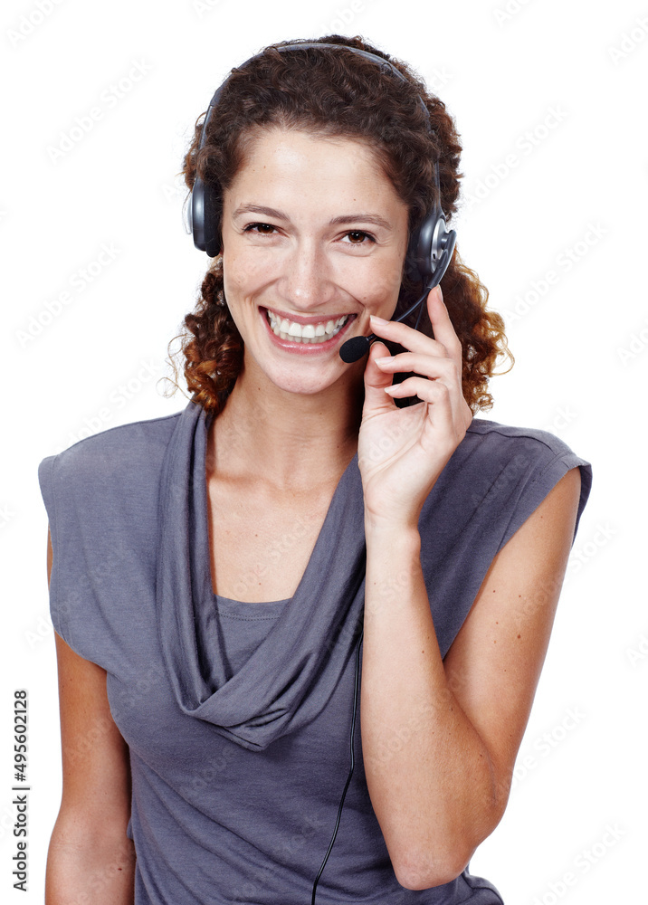 She enjoys the sale environment. Studio portrait of a woman wearing a headset isolated on white.