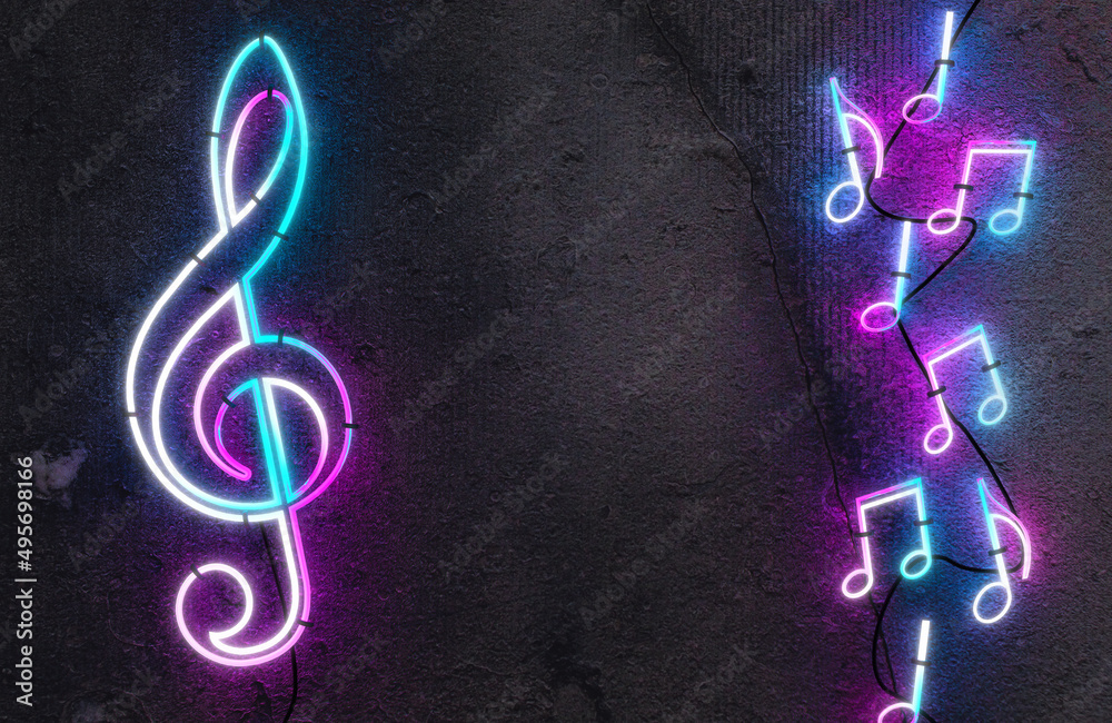 Fondo musical con notas musicales con luz de neon。水泥和卡特尔发光。Conciertos y e