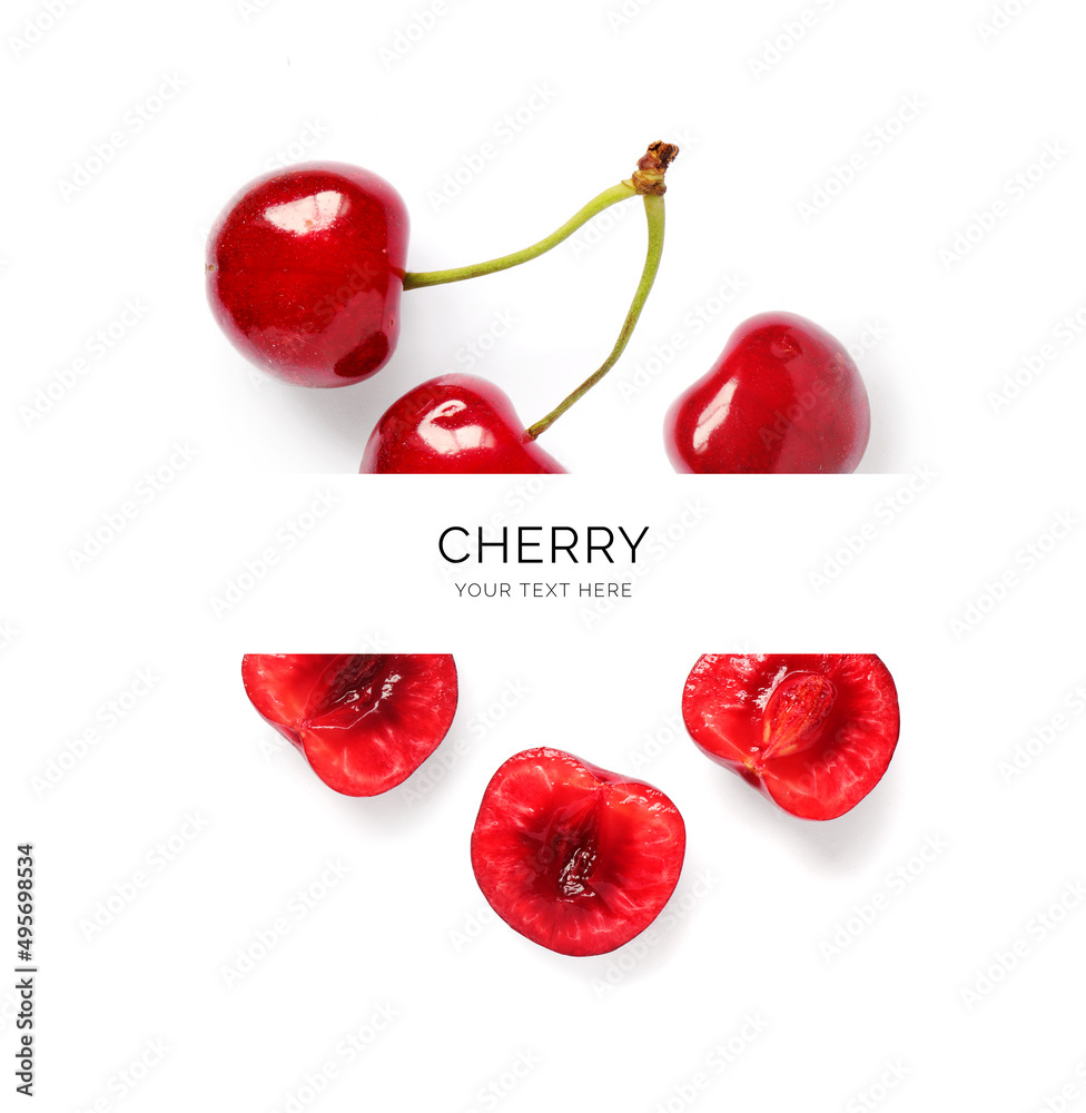 Creative layout made of cherry on the white background. Flat lay. Food concept. Macro  concept.