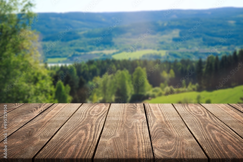 Wooden desk for product on nature landscape