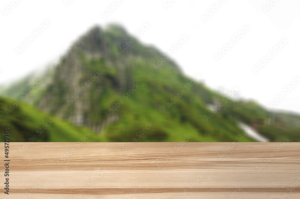 Wooden desk for product on nature landscape