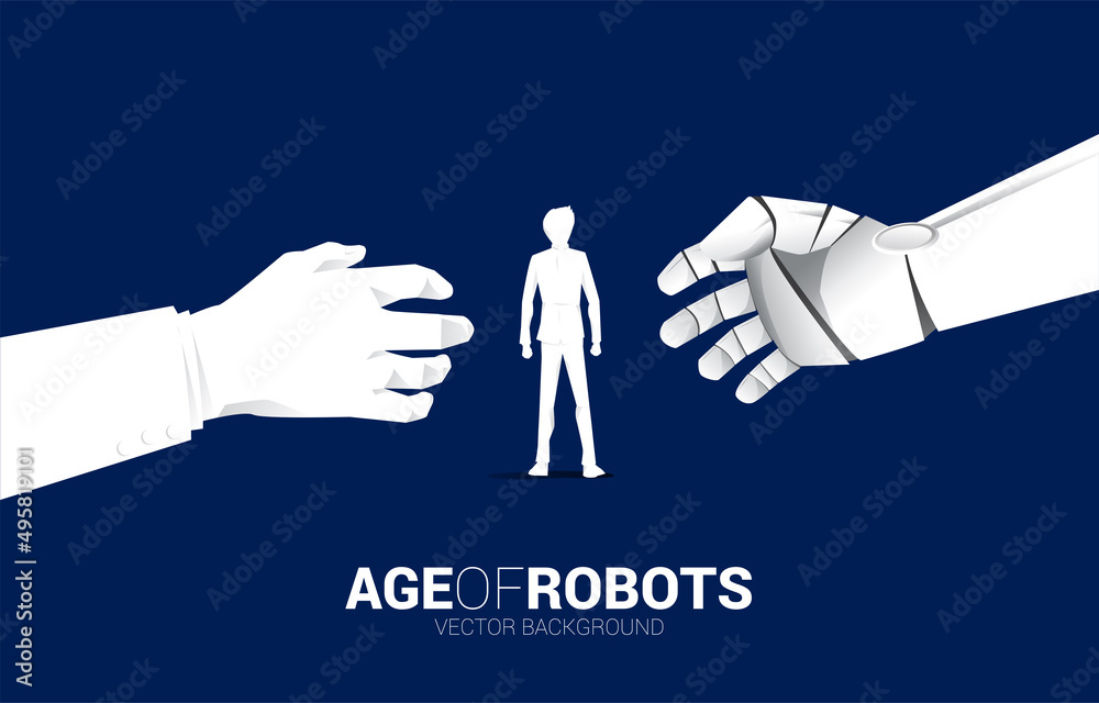 businessman and Robot hand reach to touch with human hand. concept birth of a.i. learning machine er