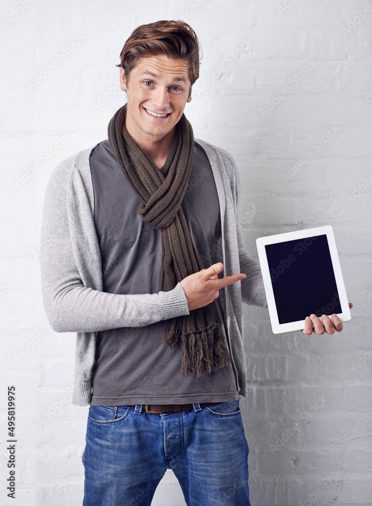 I endorse this tablet. A handsome young woman showing you the latest digital tablet.