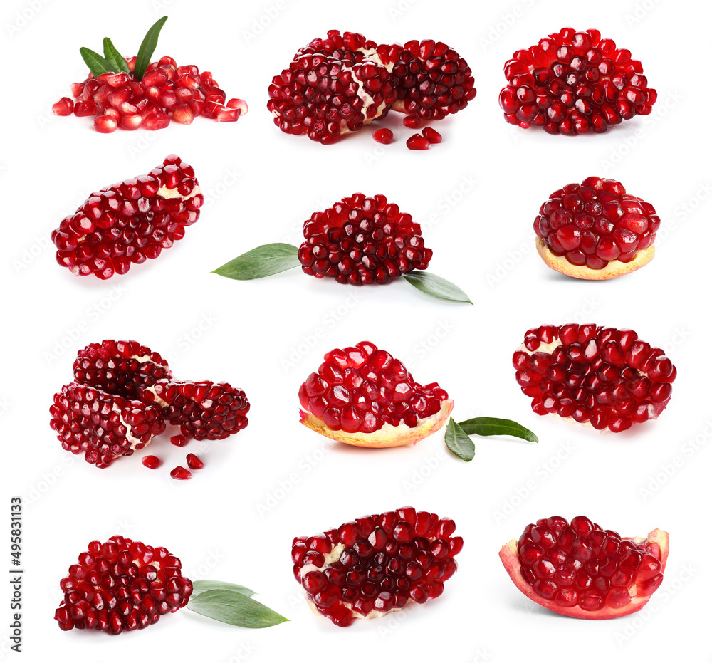 Set of ripe pomegranate seeds isolated on white