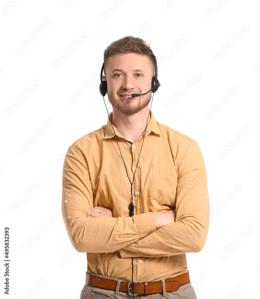 Handsome consultant of call center in headset on white background