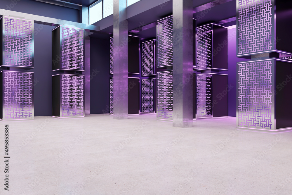 Modern purple server room interior. Database and technology concept. 3D Rendering.