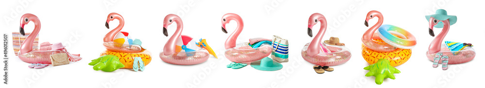 Inflatable ring and beach accessories on color background