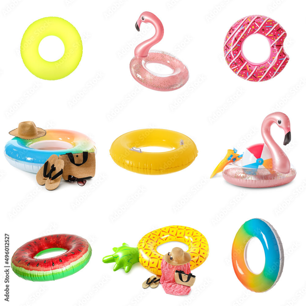 Set of different inflatable rings and beach accessories isolated on white