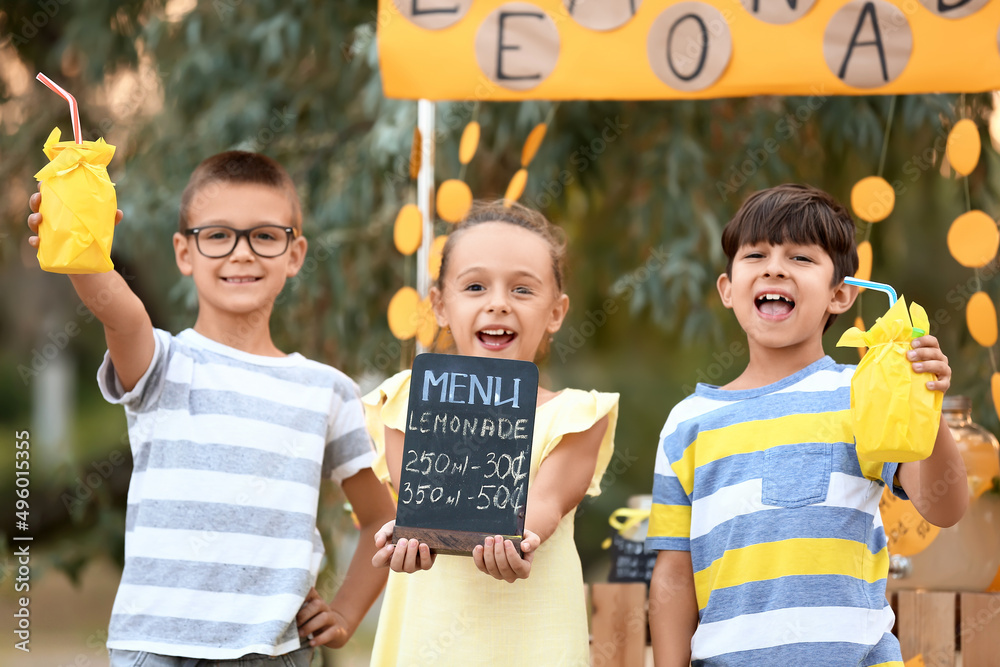 Cute children selling lemonade in park