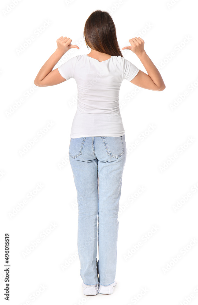 Young woman in blank t-shirt on white background, back view