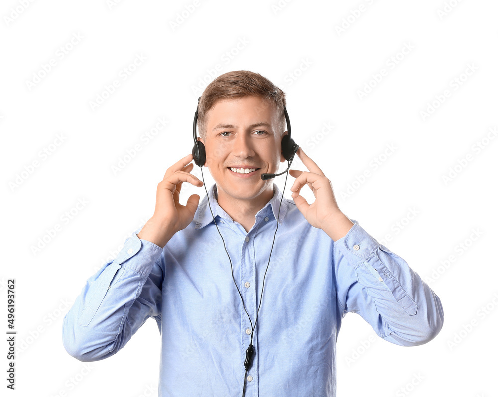 Young consultant of call center in headset on white background