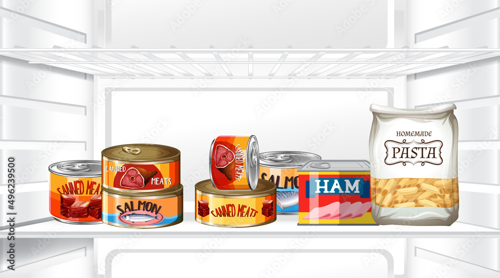 An inside the refrigerator with canned food