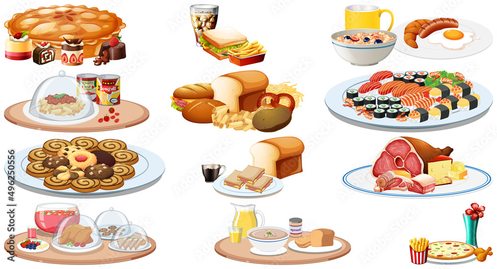 Set of different foods and beverages