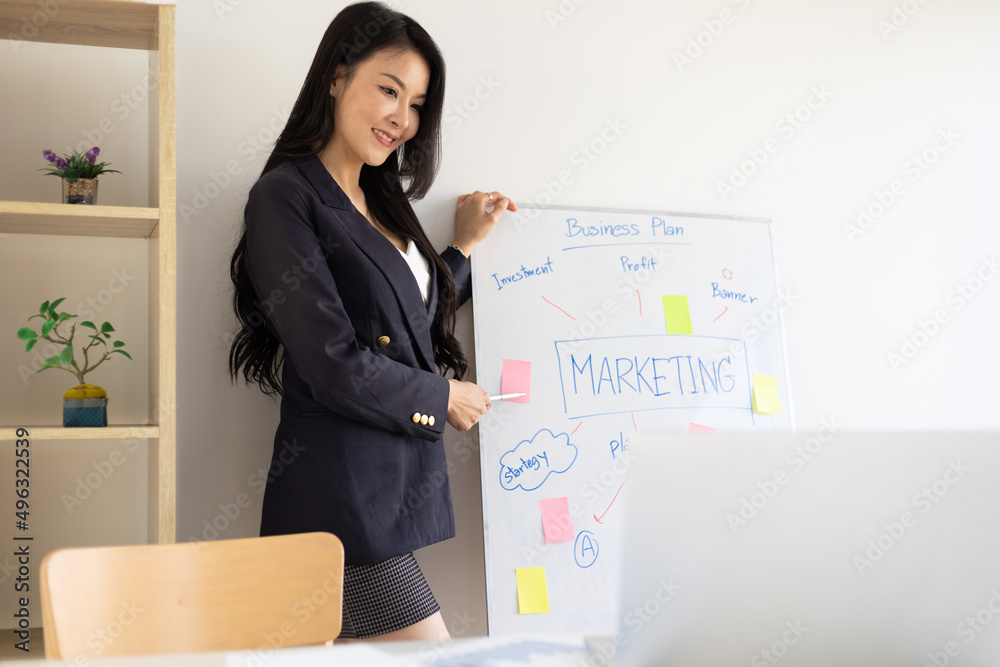 Businesswoman presenting and teaching marketing via internet conferencing. University professors are