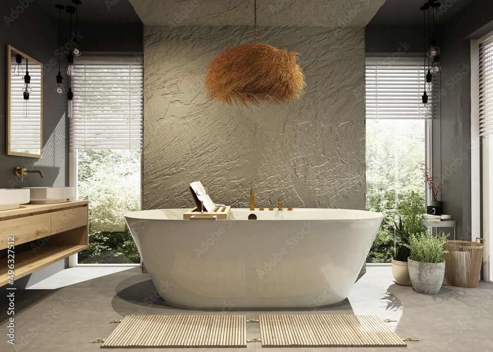 Modern bathroom interior with wooden decor in eco style. 3D Render	