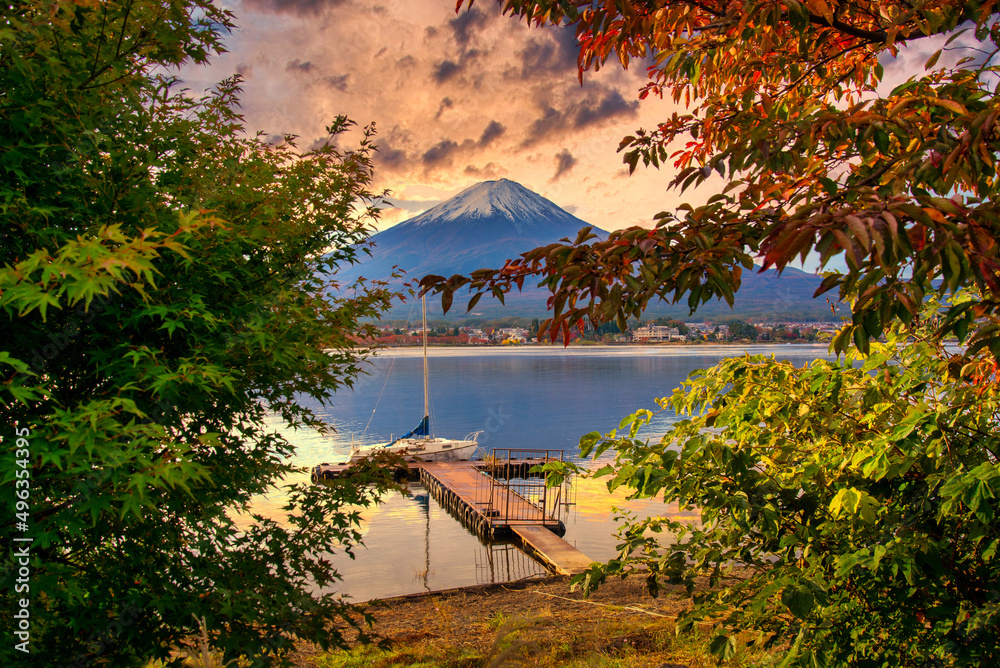 富士山在河口湖上的景观图像，富士河河口湖日出时的秋叶，