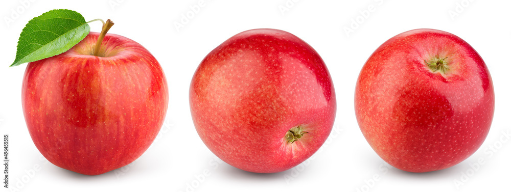 Apple on white background. Red apple with leaf isolated. Set of red appl with clipping path. Full de