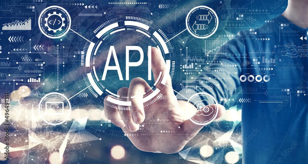 API - application programming interface concept with a man on blurred city background