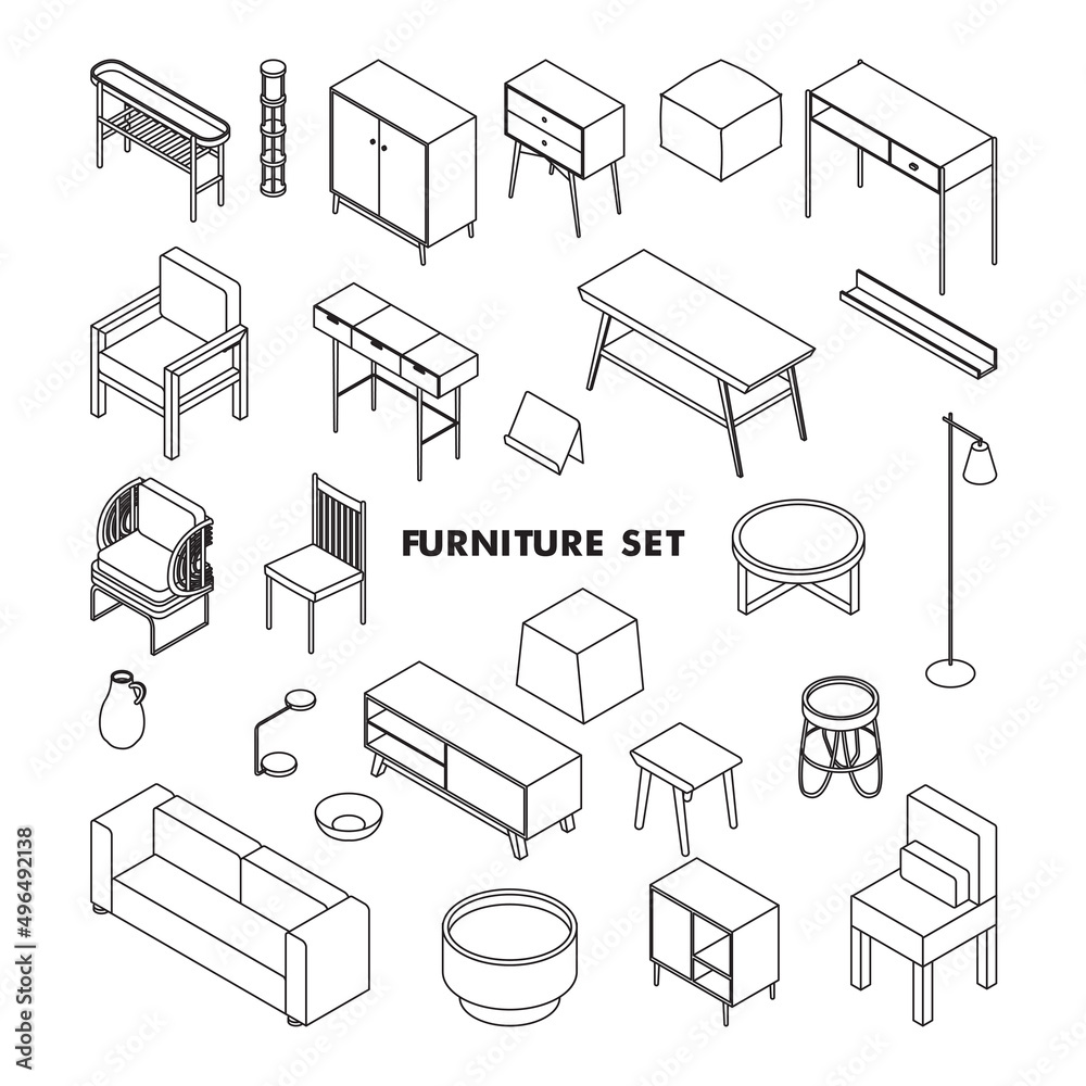 Minimal furniture set on white background, vector