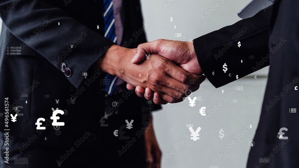 Conceptual business handshake with dashboard for financial data analysis . 3D render computer graphi