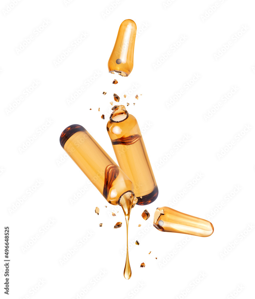 Two crushed ampoules in the air closeup isolated on a white background