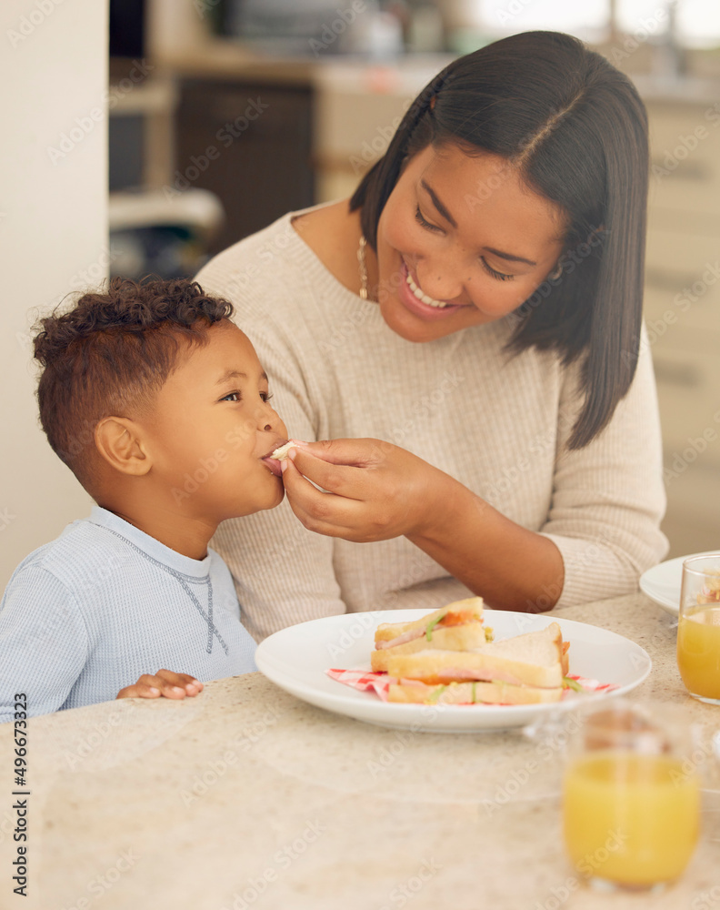 Nom nom with my mom mom. Shot of a happy young woman feeding her adorable son a sandwich during a le