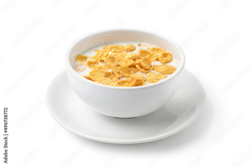 Corn flakes with fresh milk isolated on white background. Clipping path